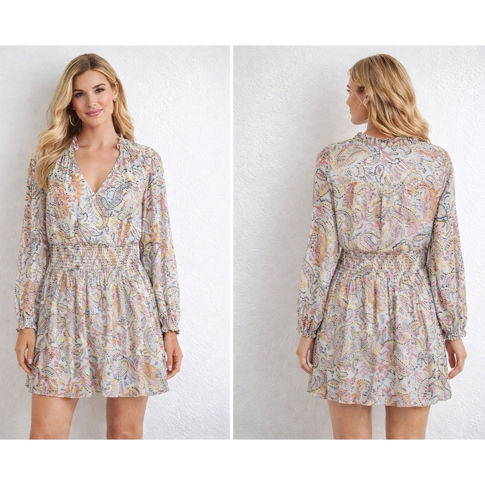 Boston Proper Smocked‎ Mini Dress M Paisley Bell Sleeves Shimmer Fairy Peasant
